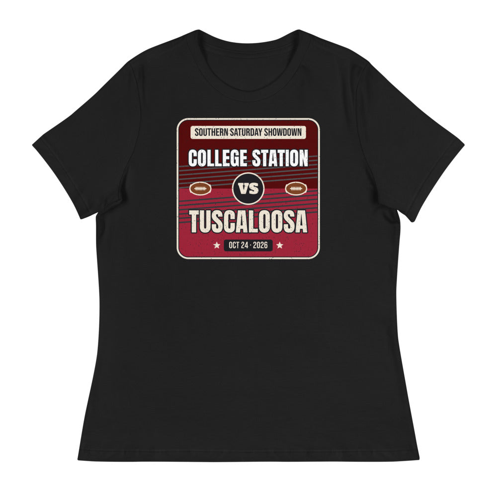 Women's College Station vs. Tuscaloosa Showdown 2026 Relaxed Tee in black, design printed on the front, front view