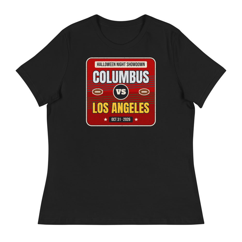 Women's Columbus vs. Los Angeles Halloween Night 2026 Relaxed Tee in black, design printed on the front, front view