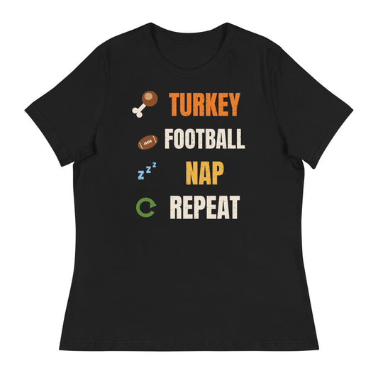 Women's Turkey Football Nap Repeat Relaxed Tee in black, design printed on the front, front view