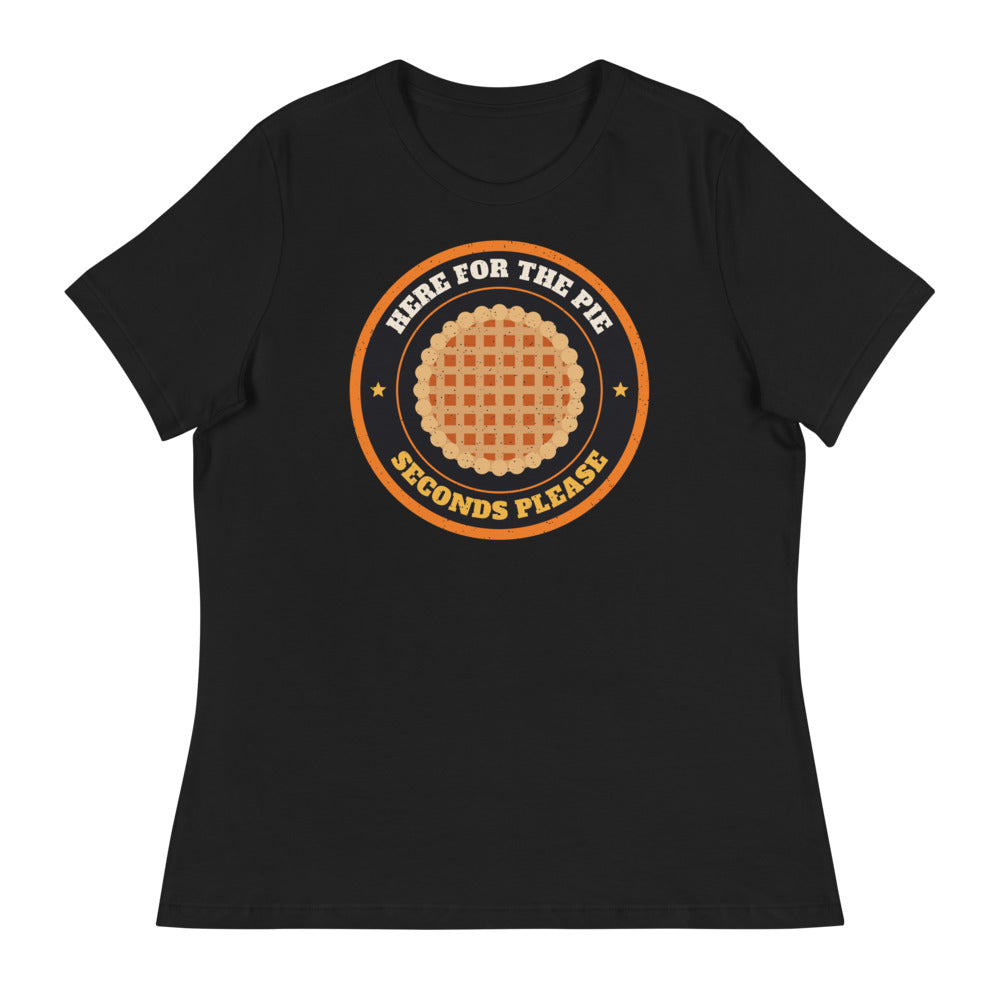 Women's Here for the Pie Relaxed Tee in black, design printed on the front, front view