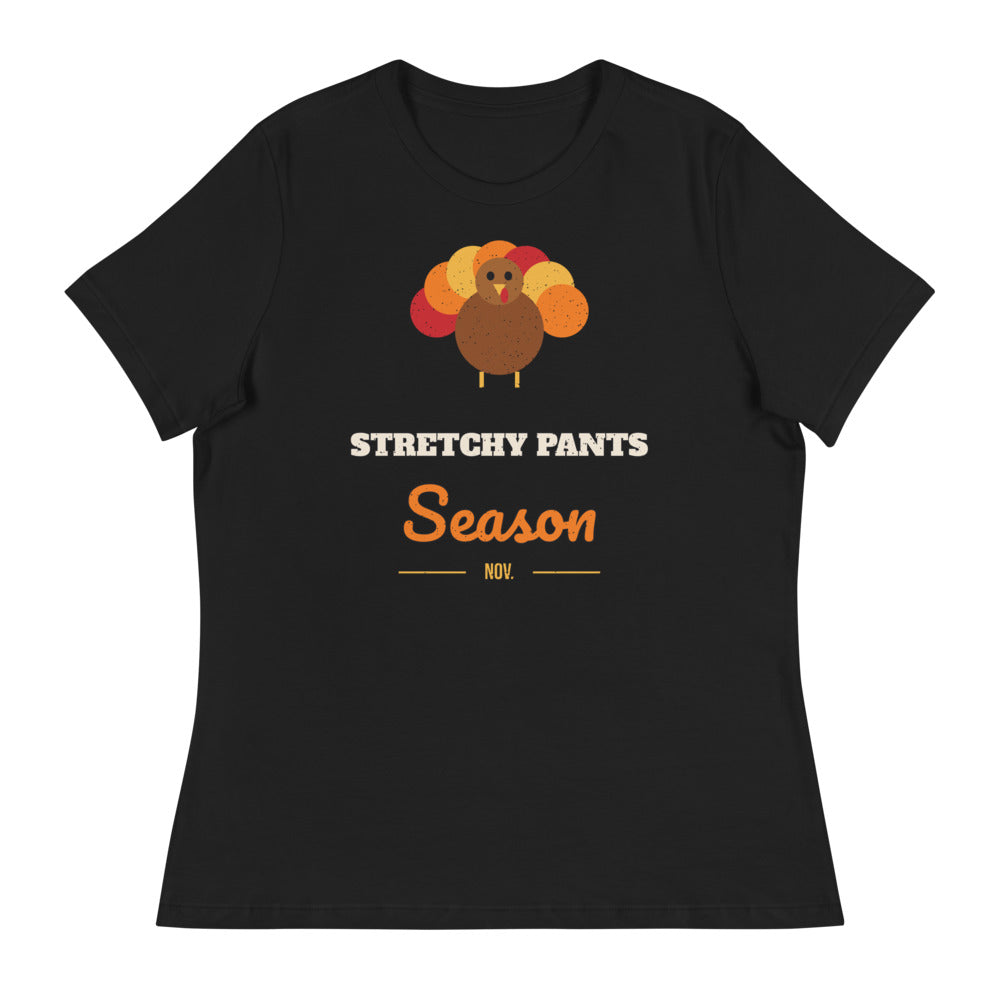 Women's Stretchy Pants Season Relaxed Tee in black, design printed on the front, front view