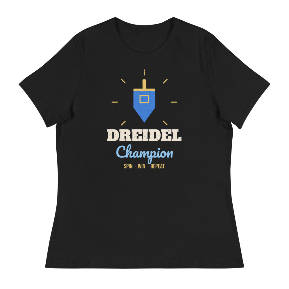 Women's Dreidel Champion Relaxed Tee in black, design printed on the front, front view