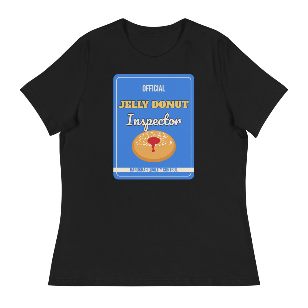 Women's Jelly Donut Inspector Relaxed Tee in black, design printed on the front, front view