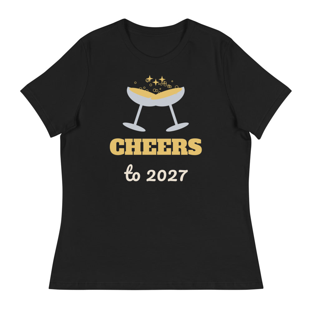Women's Cheers to 2027 Relaxed Tee in black, design printed on the front, front view