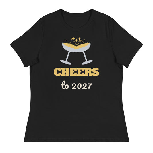 Women's Cheers to 2027 Relaxed Tee in black, design printed on the front, front view