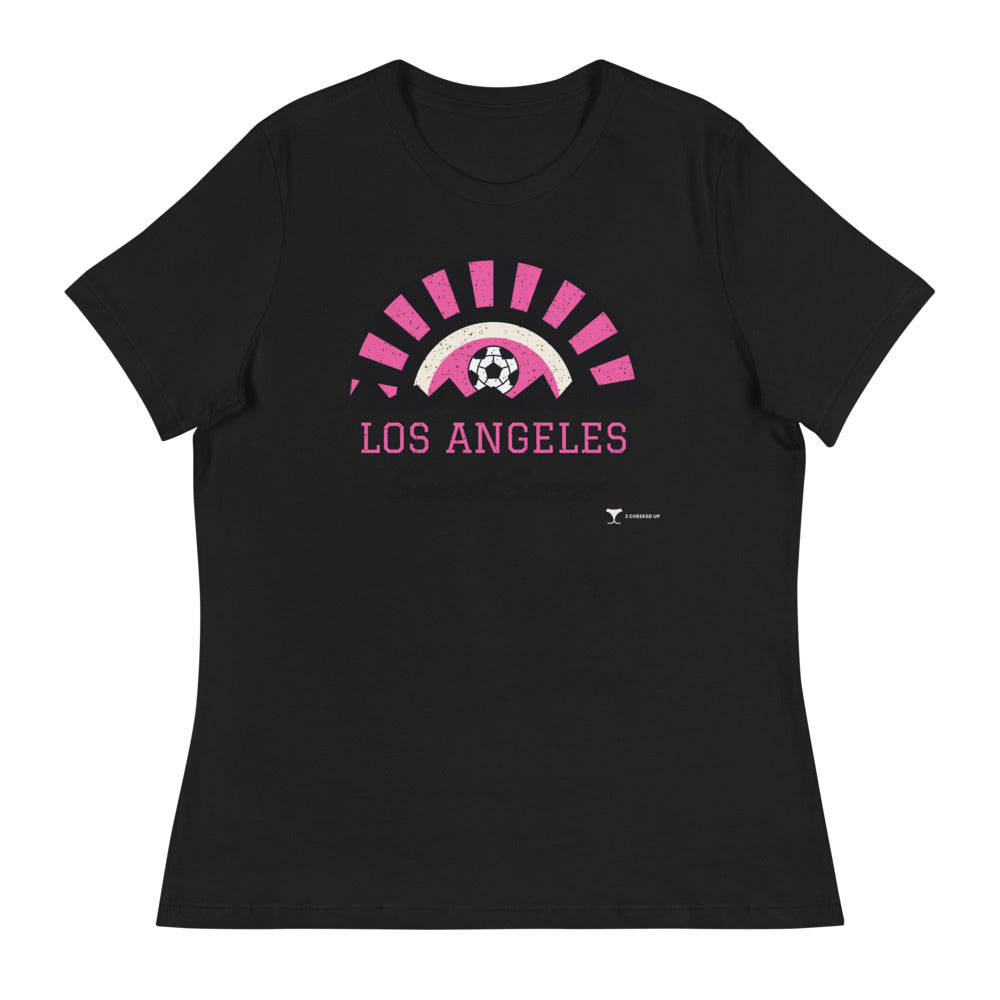 Women's Los Angeles Sunset Soccer Relaxed Tee in black, design printed on the front, front view