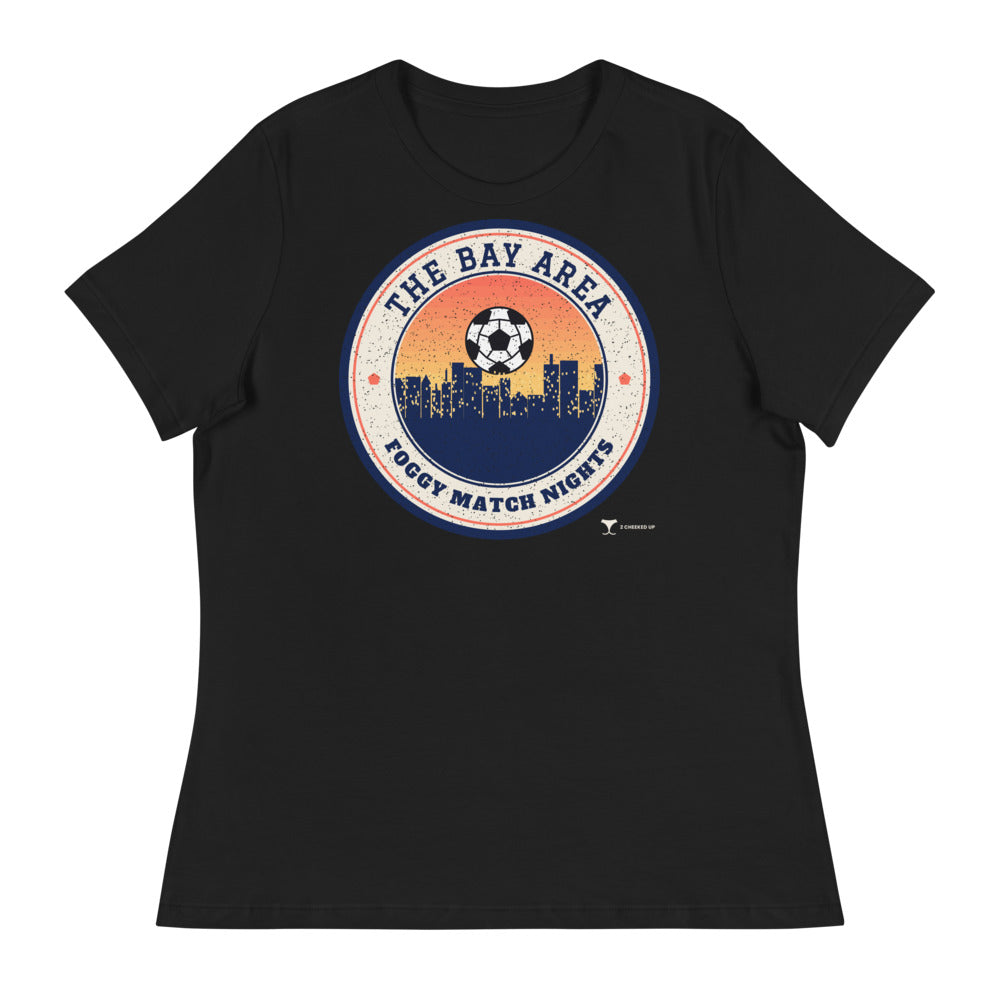 Women's Bay Area Foggy Match Nights Relaxed Tee in black, design printed on the front, front view