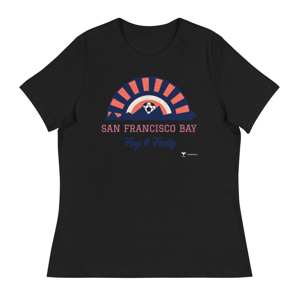 Women's San Francisco Bay Fog & Footy Relaxed Tee in black, design printed on the front, front view
