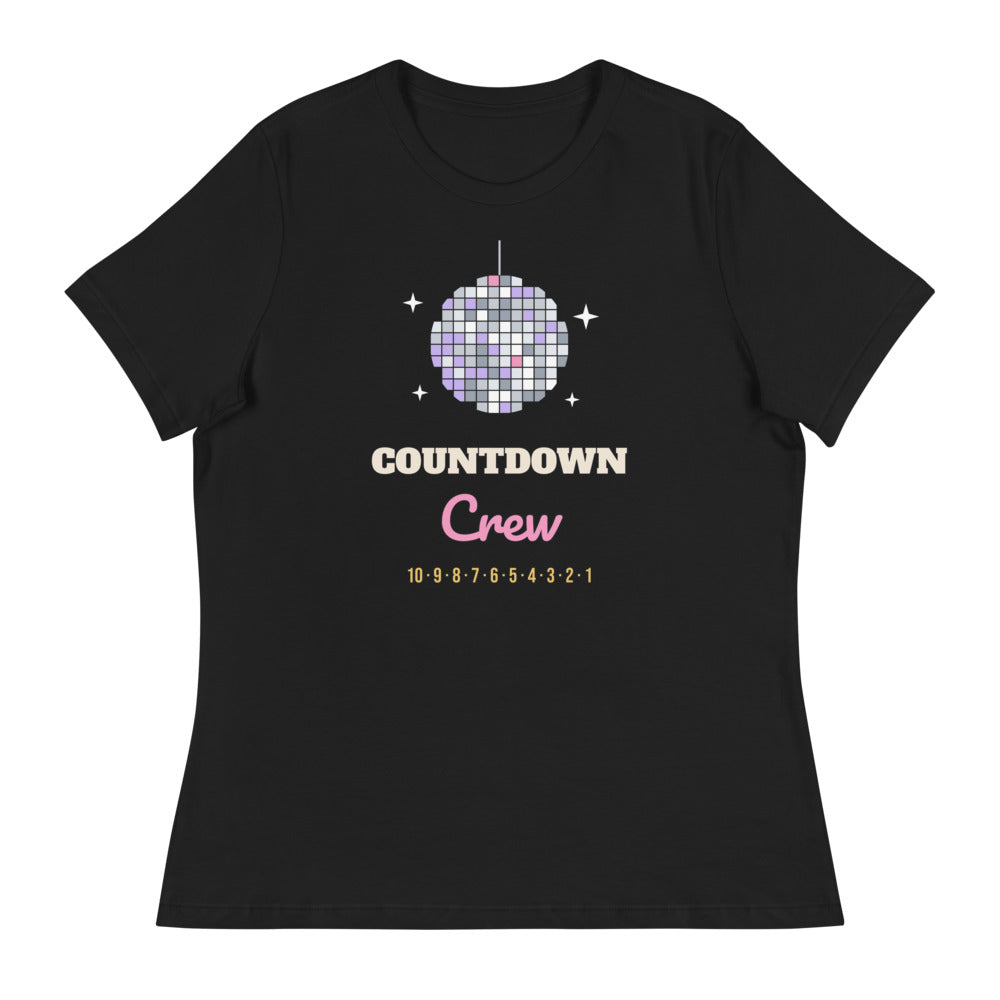 Women's Countdown Crew Relaxed Tee in black, design printed on the front, front view