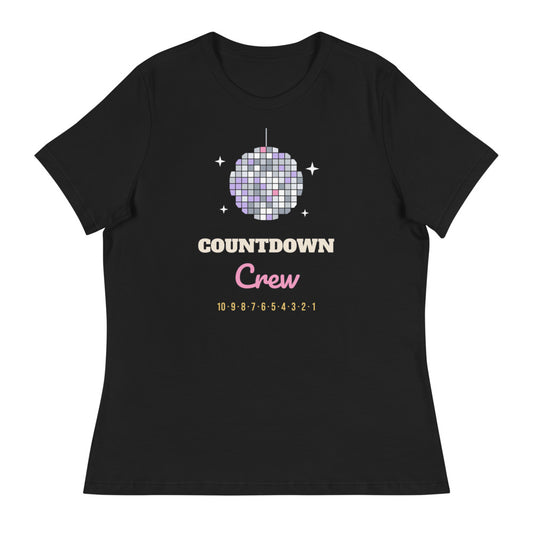 Women's Countdown Crew Relaxed Tee in black, design printed on the front, front view
