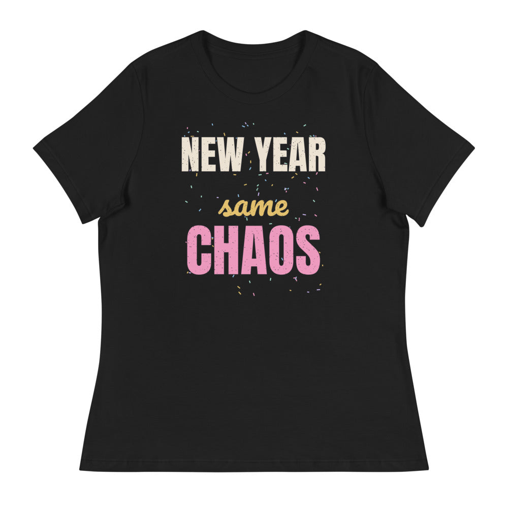 Women's New Year Same Chaos Relaxed Tee in black, design printed on the front, front view