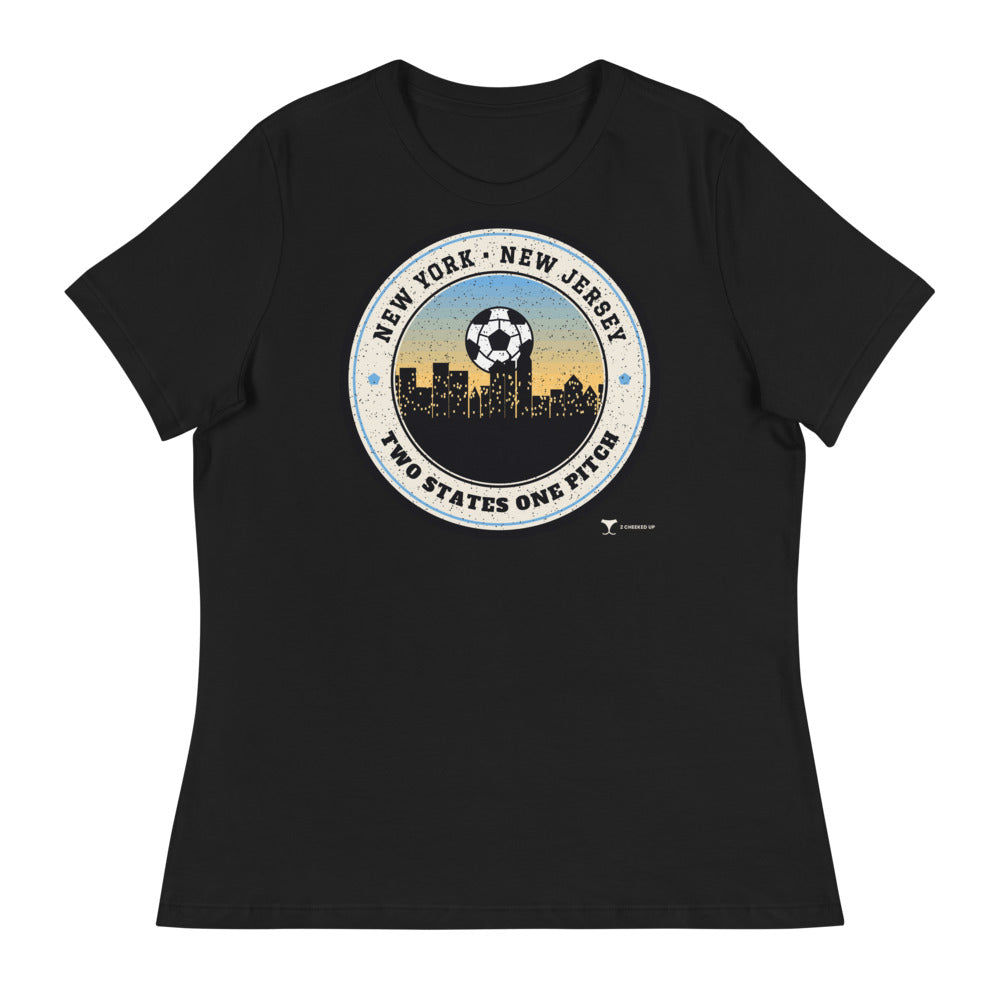 Women's NY NJ Two States One Pitch Relaxed Tee in black, design printed on the front, front view