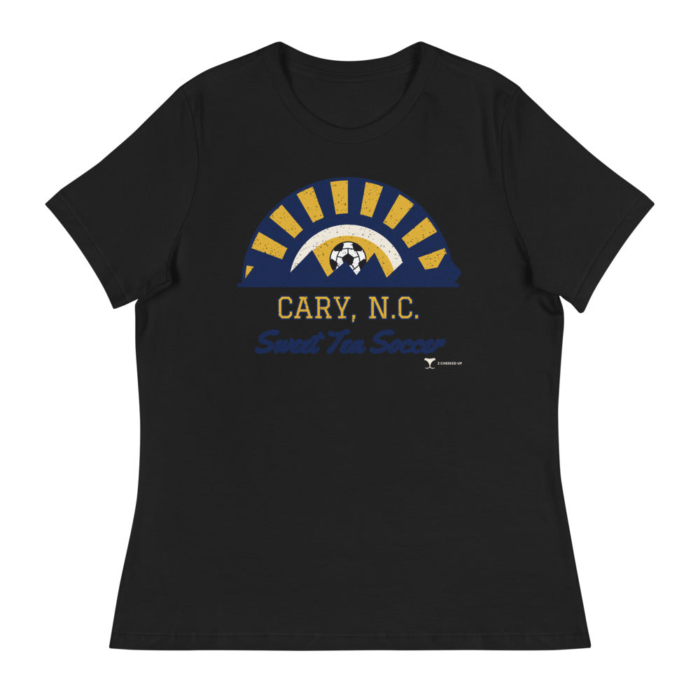 Women's Cary, N.C. Sweet Tea Soccer Relaxed Tee in black, design printed on the front, front view