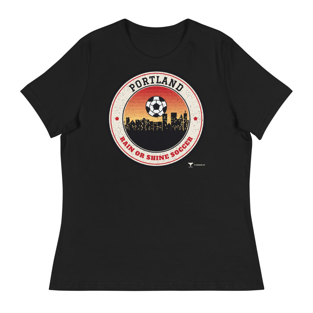 Women's Portland Rain or Shine Soccer Relaxed Tee in black, design printed on the front, front view