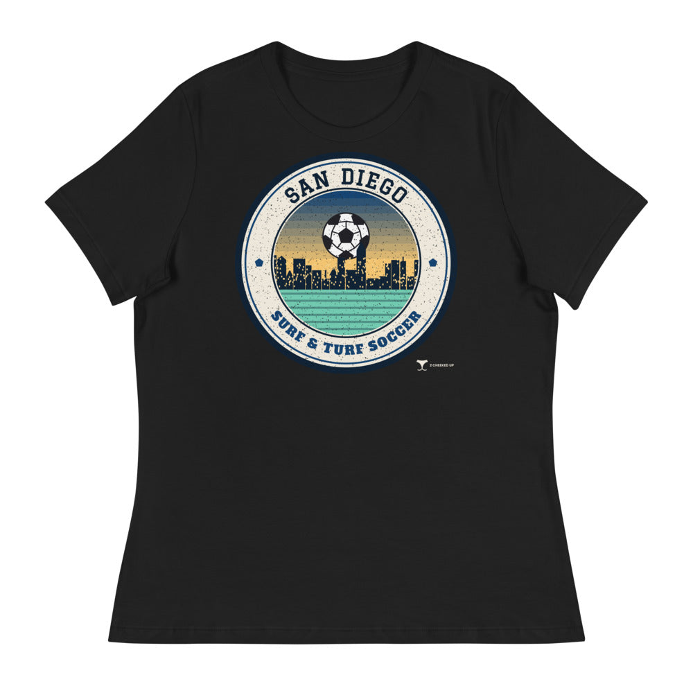 Women's San Diego Surf & Turf Soccer Relaxed Tee in black, design printed on the front, front view
