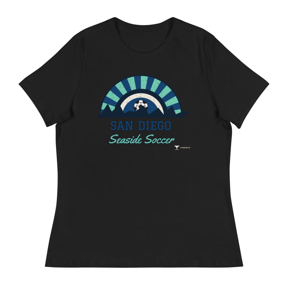Women's San Diego Seaside Soccer Relaxed Tee in black, design printed on the front, front view