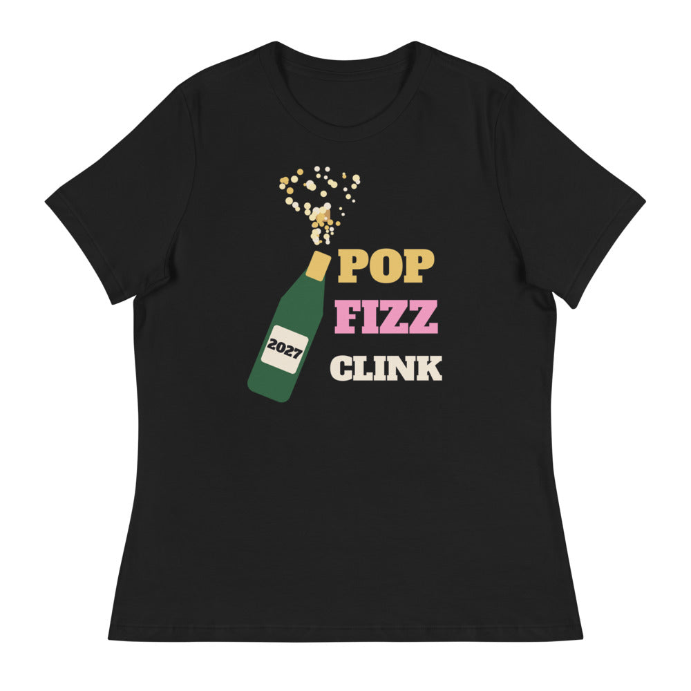 Women's Pop Fizz Clink Relaxed Tee in black, design printed on the front, front view