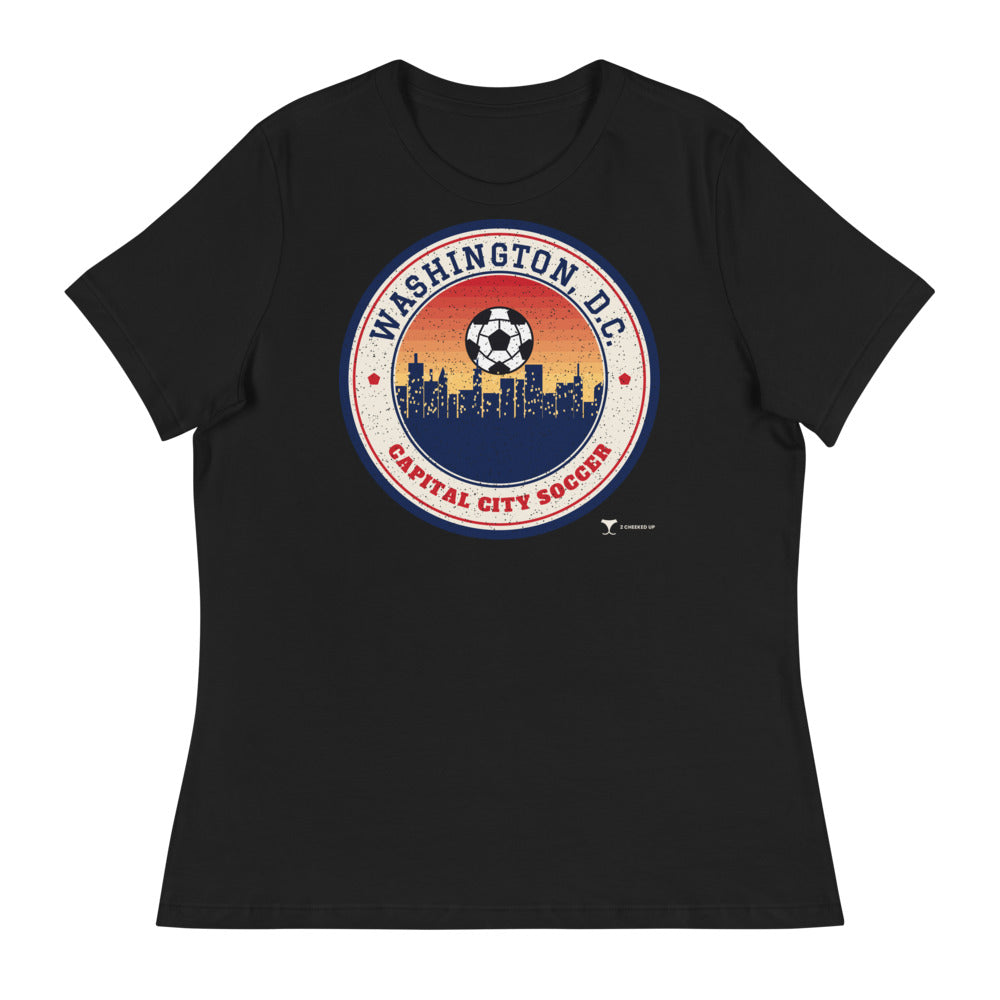 Women's Washington, D.C. Capital City Soccer Relaxed Tee in black, design printed on the front, front view
