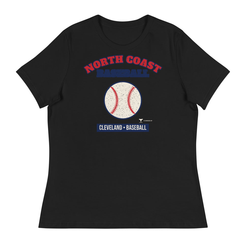 Women's North Coast Baseball Cleveland Relaxed Tee in black, design printed on the front, front view