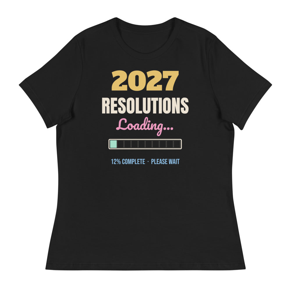 Women's 2027 Resolutions Loading Relaxed Tee in black, design printed on the front, front view