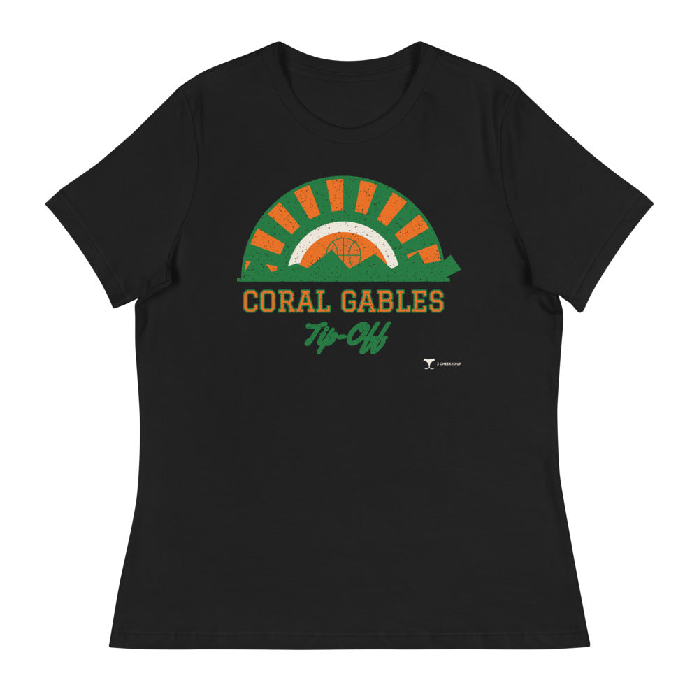 Women's Coral Gables Tip-Off Relaxed Tee in black, design printed on the front, front view