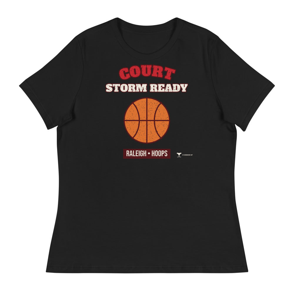 Women's Raleigh Court Storm Ready Relaxed Tee in black, design printed on the front, front view