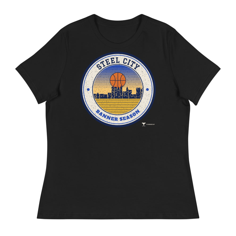 Women's Steel City Banner Season Relaxed Tee in black, design printed on the front, front view