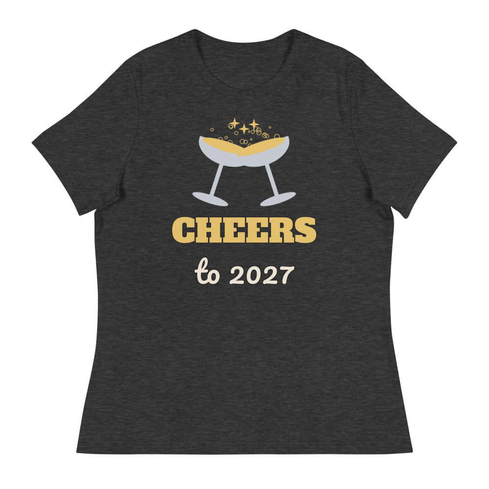 Women's Cheers to 2027 Relaxed Tee in dark grey heather, design printed on the front, front view