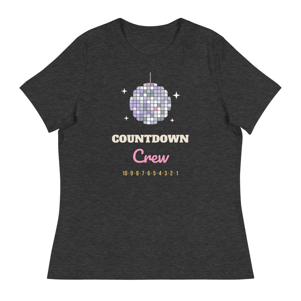 Women's Countdown Crew Relaxed Tee in dark grey heather, design printed on the front, front view
