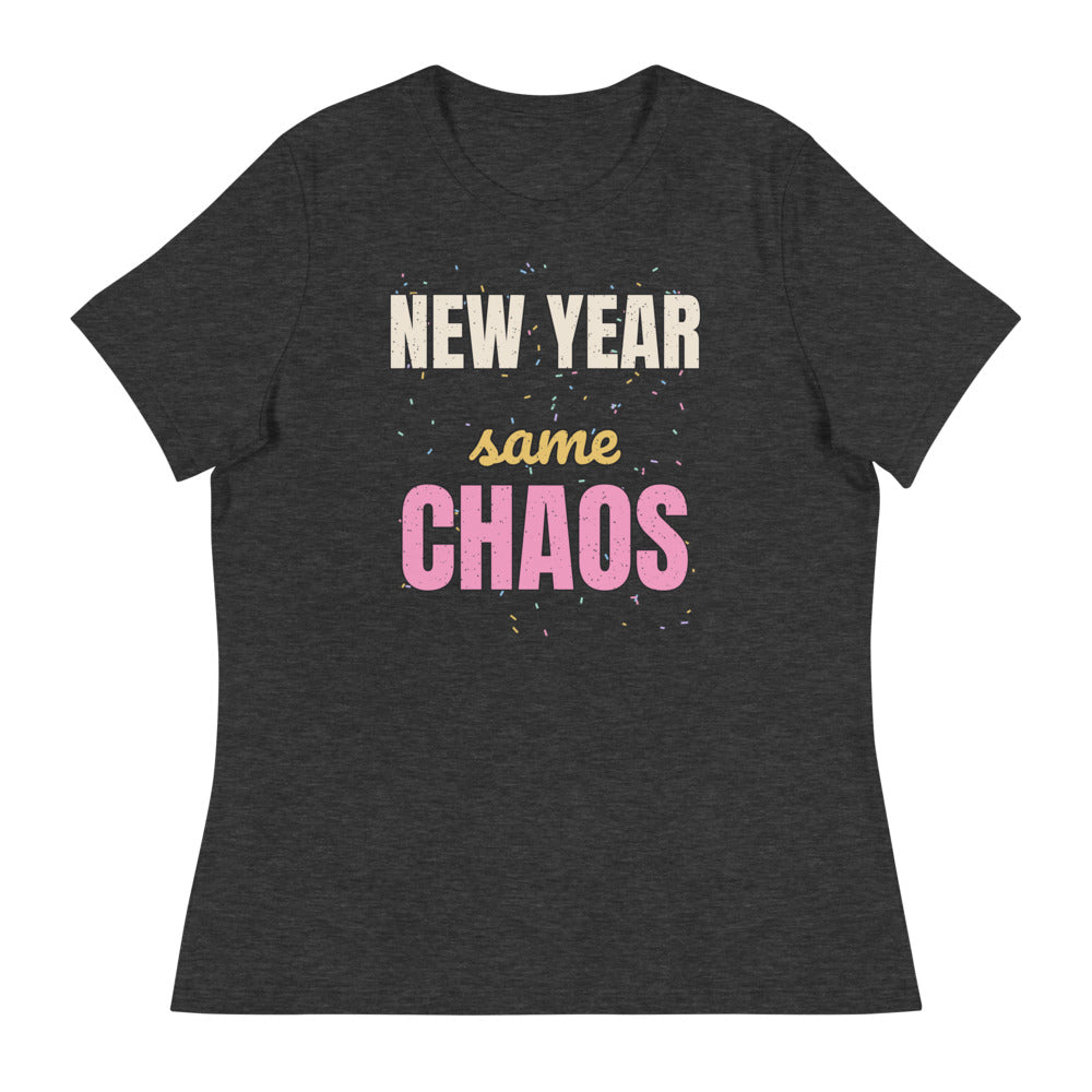Women's New Year Same Chaos Relaxed Tee in dark grey heather, design printed on the front, front view