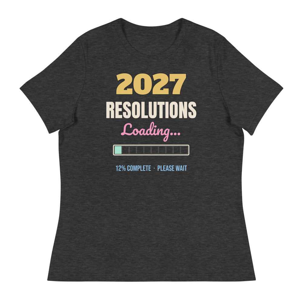 Women's 2027 Resolutions Loading Relaxed Tee in dark grey heather, design printed on the front, front view