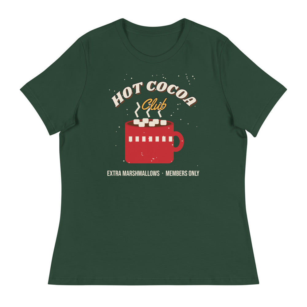 Women's Hot Cocoa Club Relaxed Tee in forest green, design printed on the front, front view