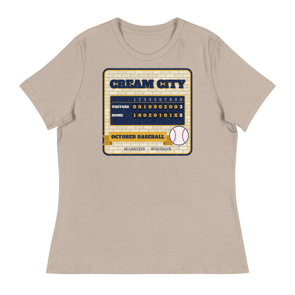 Women's Cream City October Baseball Relaxed Tee in heather stone, front view