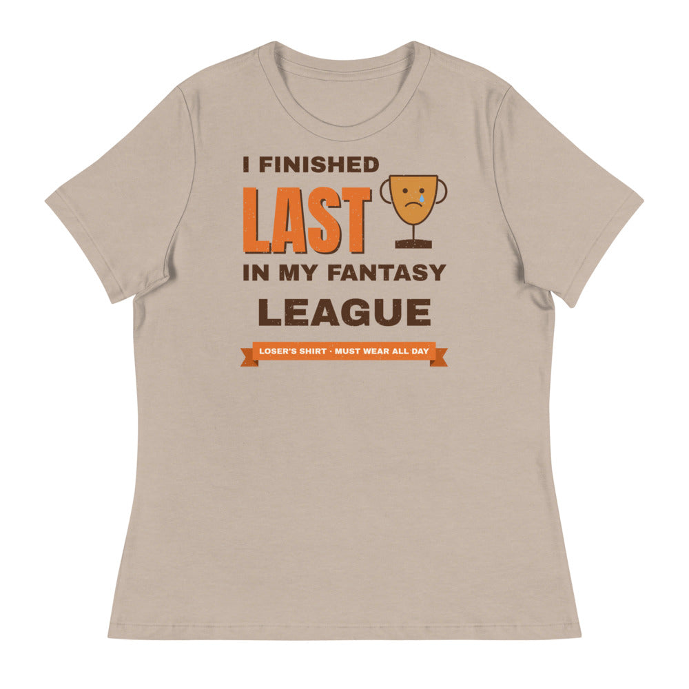 Women's I Finished Last in My Fantasy League Relaxed Tee in heather stone, front view