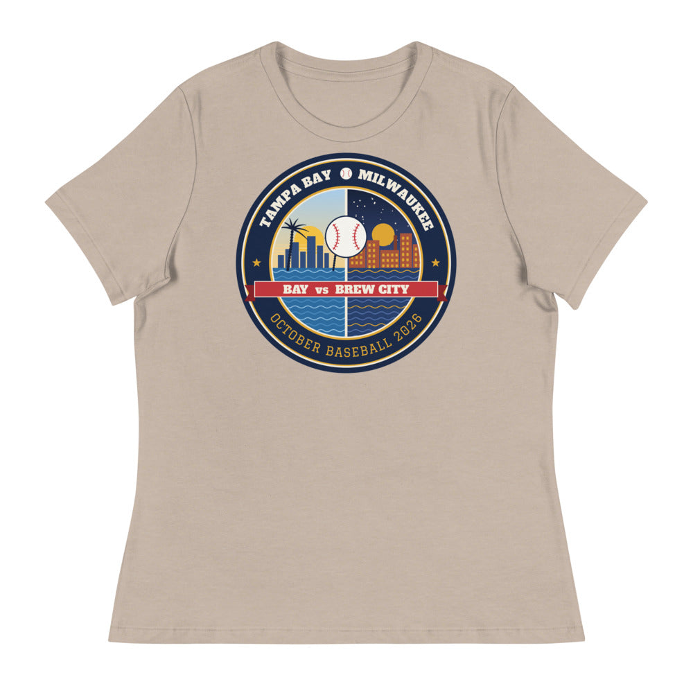 Women's Bay vs Brew City October Baseball Relaxed Tee in heather stone, front view