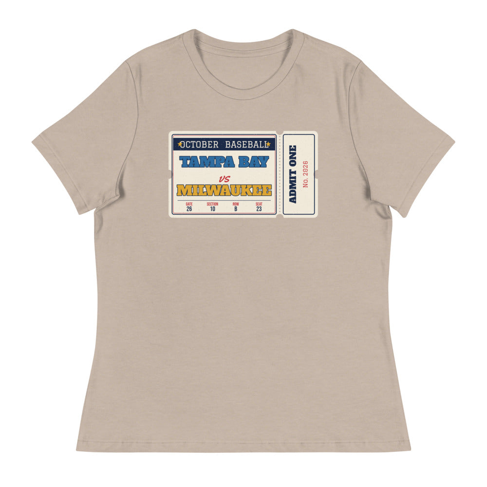 Women's Tampa Bay vs Milwaukee Retro Ticket Relaxed Tee in heather stone, front view