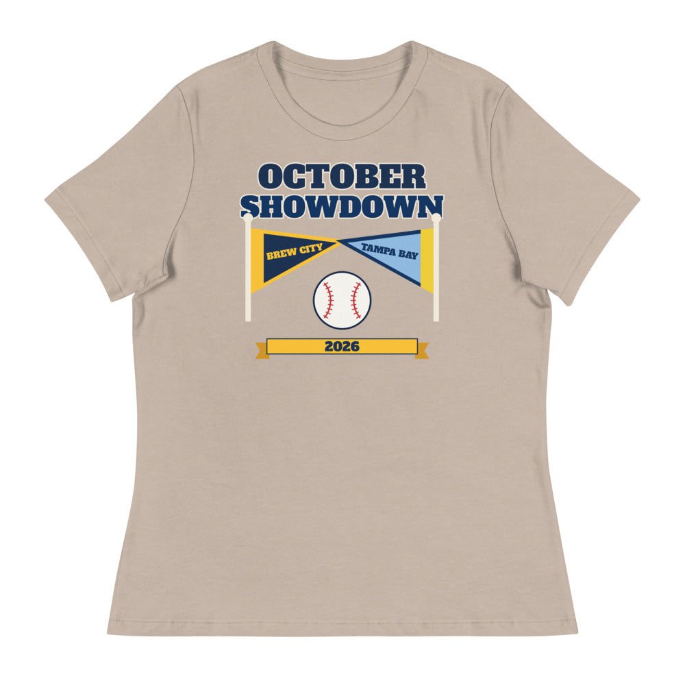 Women's October Showdown 2026 Relaxed Tee in heather stone, design printed on the front, front view