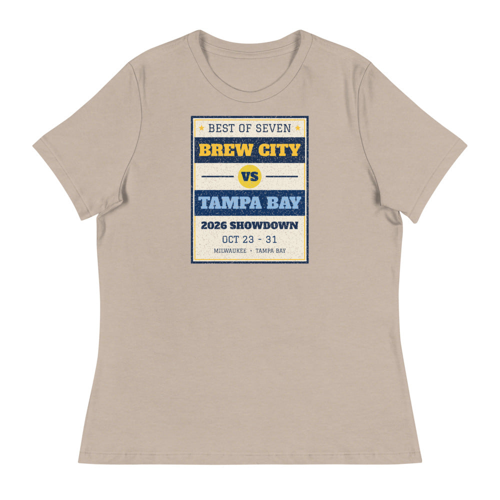 Women's Brew City vs Tampa Bay 2026 Showdown Relaxed Tee in heather stone, design printed on the front, front view