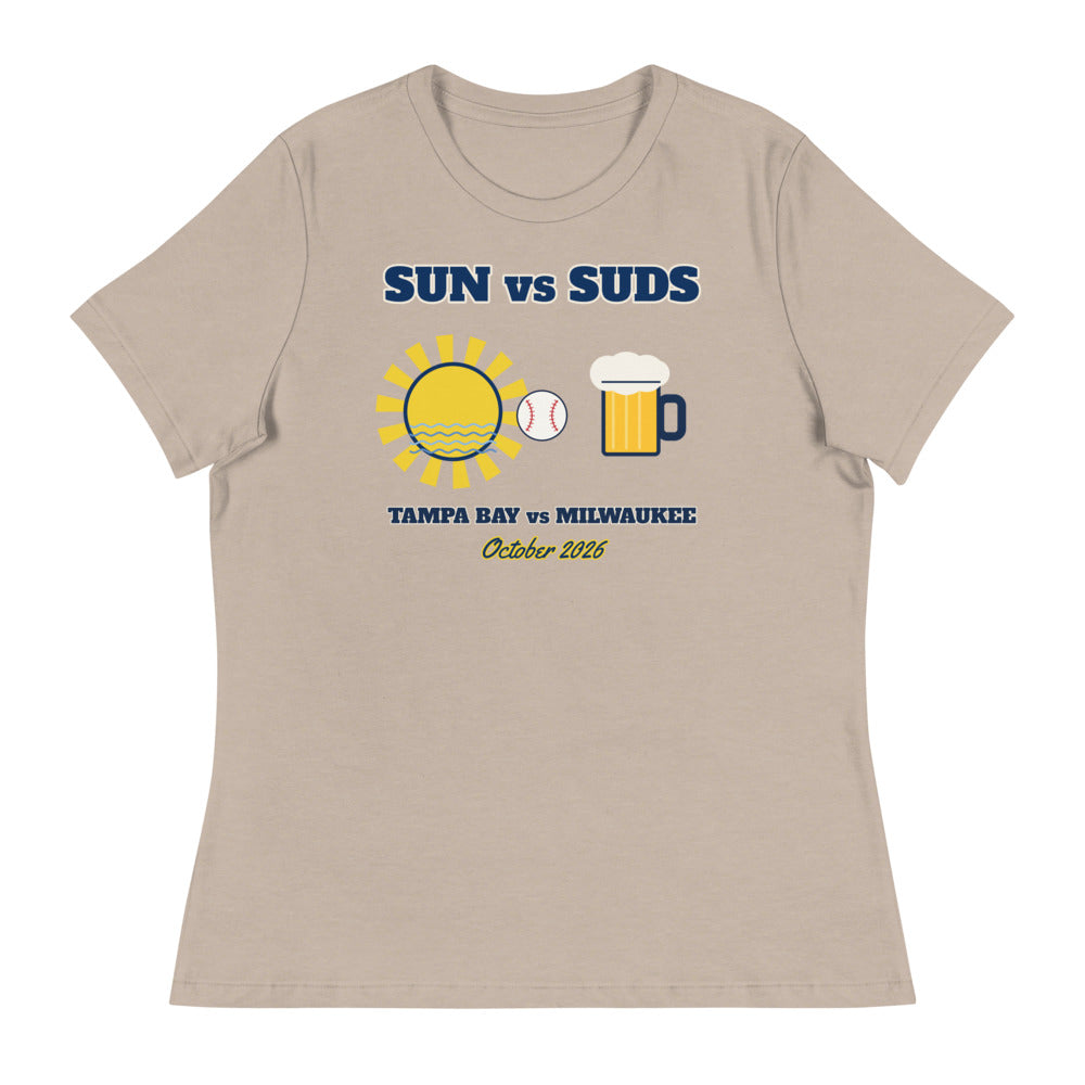 Women's Sun vs Suds Tampa Bay vs Milwaukee Relaxed Tee in heather stone, design printed on the front, front view