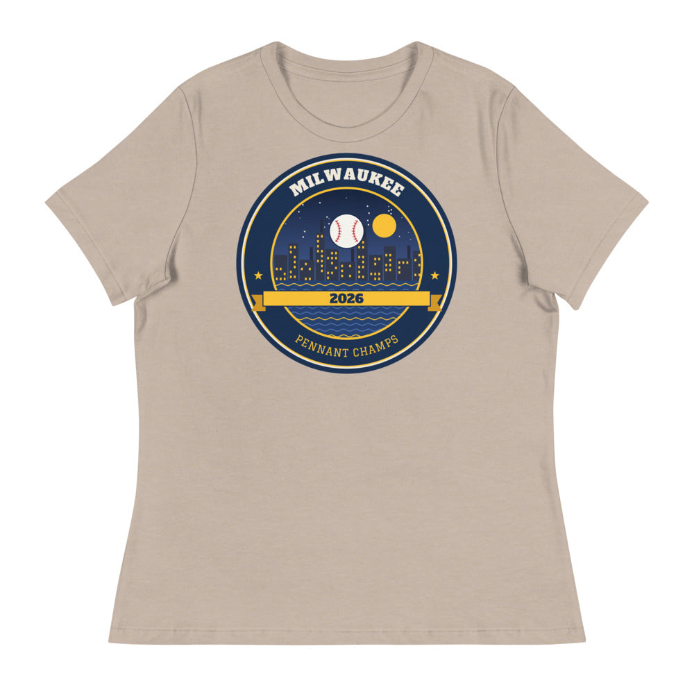 Women's Milwaukee 2026 Pennant Champs Relaxed Tee in heather stone, design printed on the front, front view