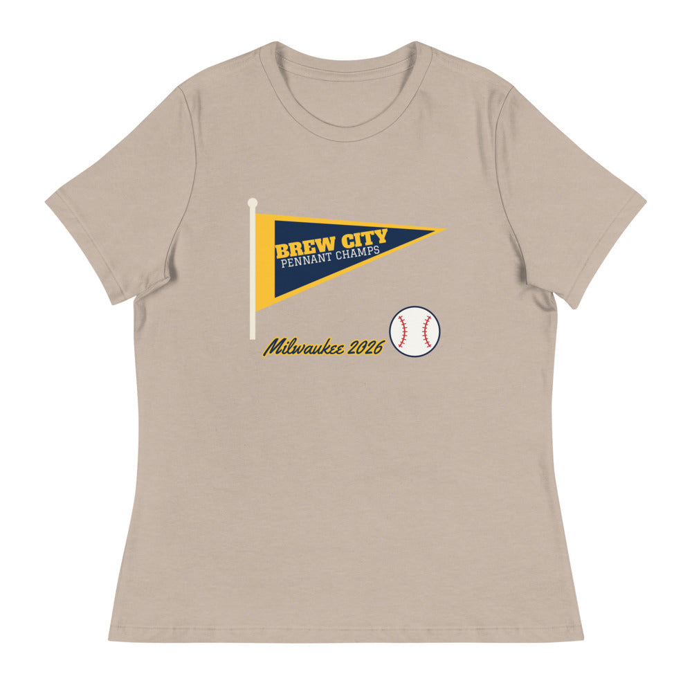 Women's Brew City Pennant 2026 Relaxed Tee in heather stone, design printed on the front, front view