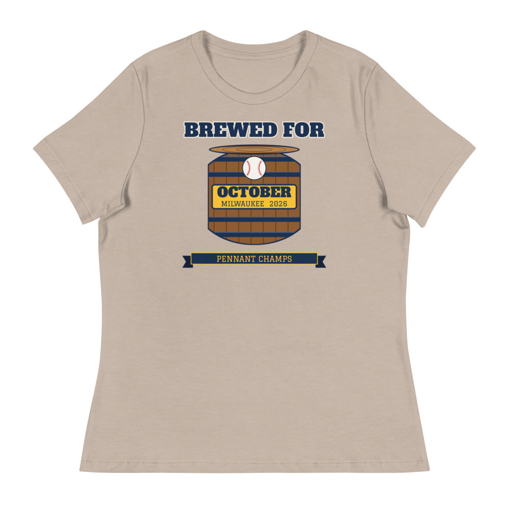Women's Brewed for October Milwaukee 2026 Relaxed Tee in heather stone, design printed on the front, front view