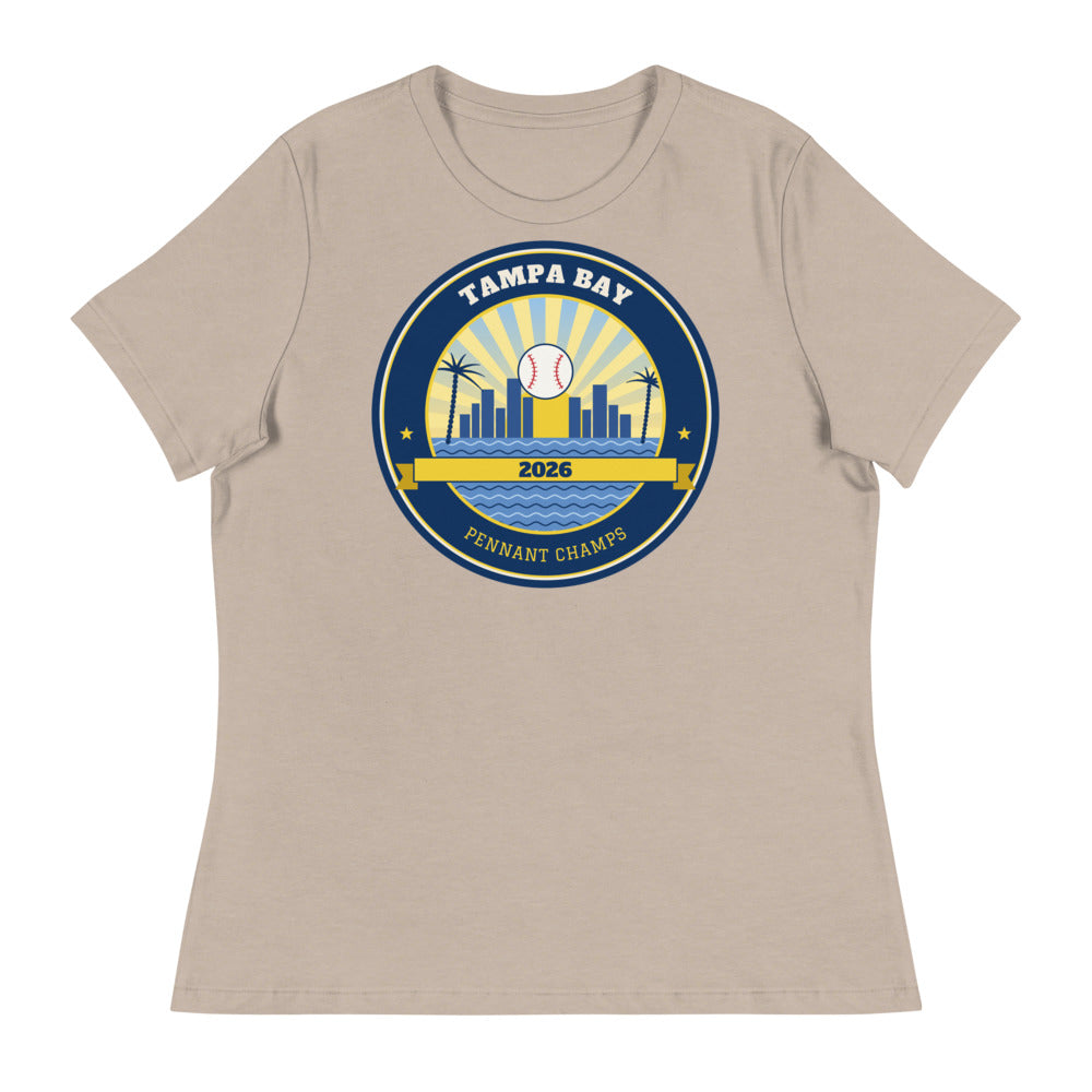 Women's Tampa Bay 2026 Pennant Champs Relaxed Tee in heather stone, design printed on the front, front view
