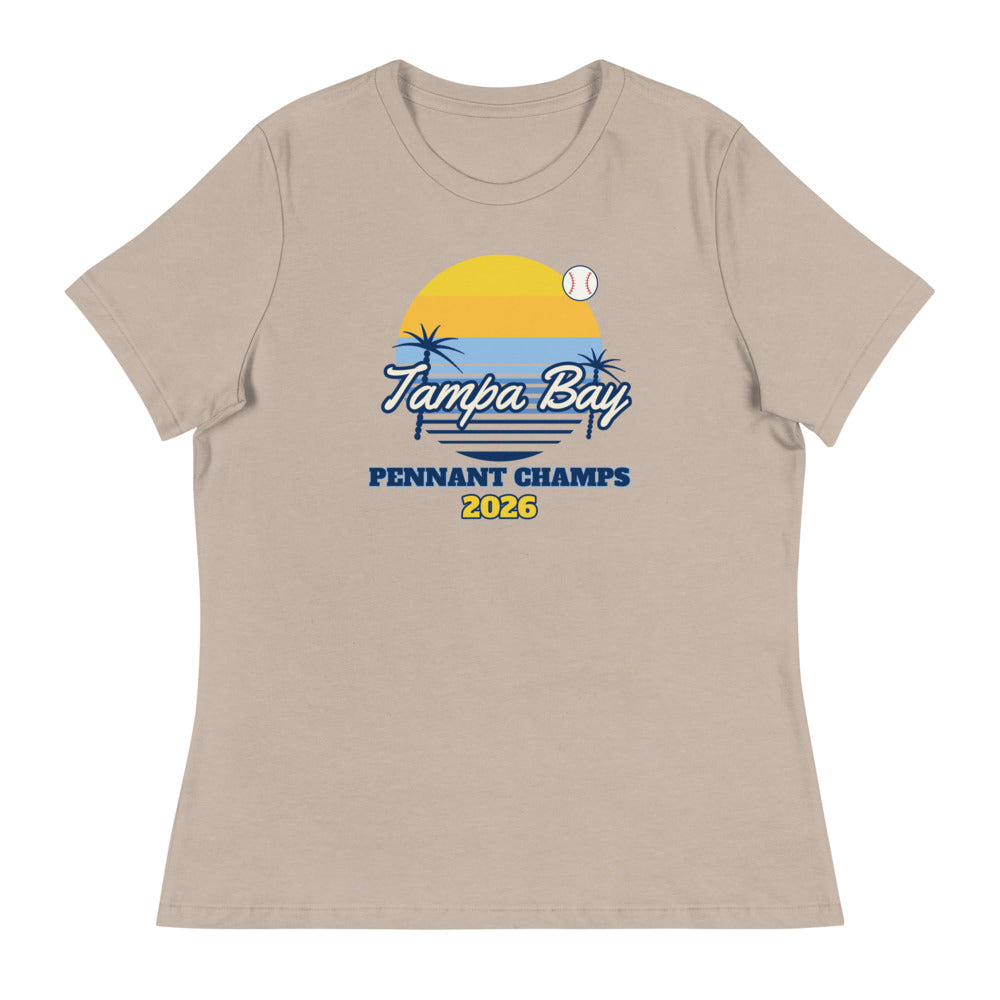 Women's Tampa Bay Sunset Champs 2026 Relaxed Tee in heather stone, design printed on the front, front view