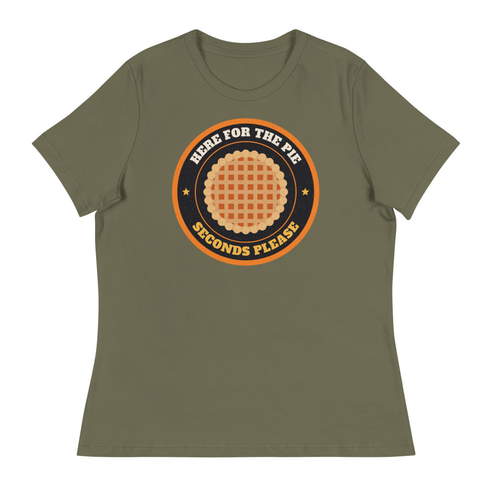 Women's Here for the Pie Relaxed Tee in military green, design printed on the front, front view