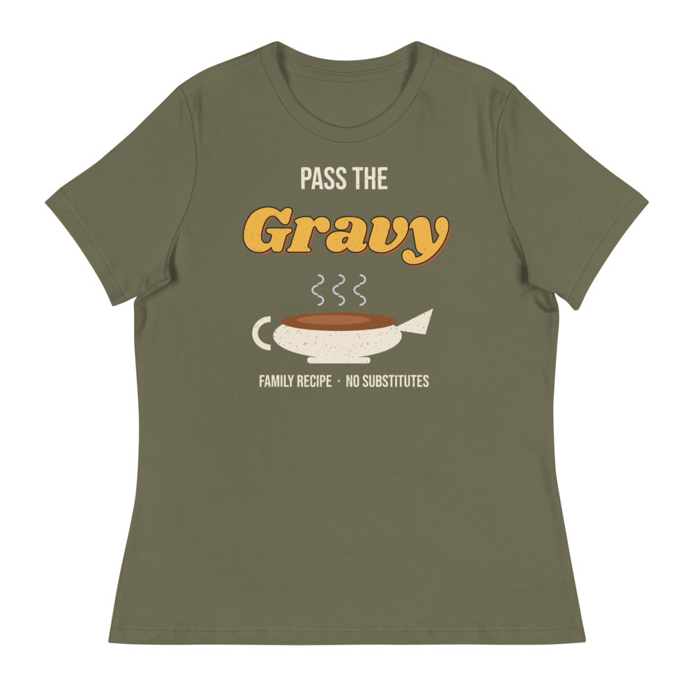 Women's Pass the Gravy Relaxed Tee in military green, design printed on the front, front view