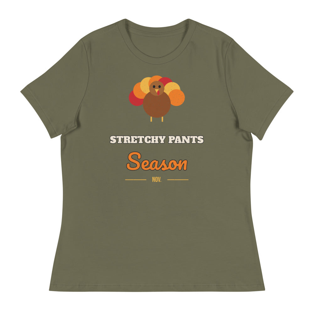 Women's Stretchy Pants Season Relaxed Tee in military green, design printed on the front, front view