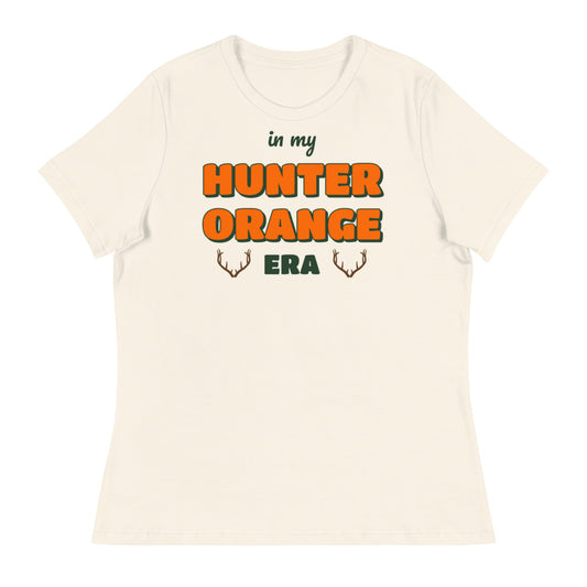 Women's In My Hunter Orange Era Relaxed Tee in natural, design printed on the front, front view