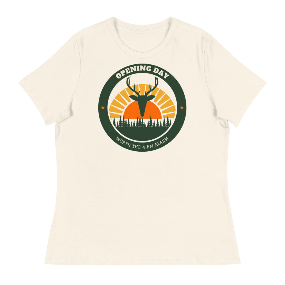 Women's Opening Day Sunrise Relaxed Tee in natural, design printed on the front, front view
