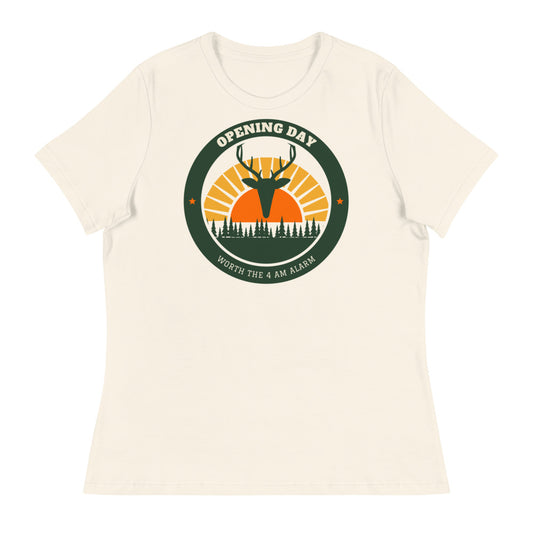 Women's Opening Day Sunrise Relaxed Tee in natural, design printed on the front, front view